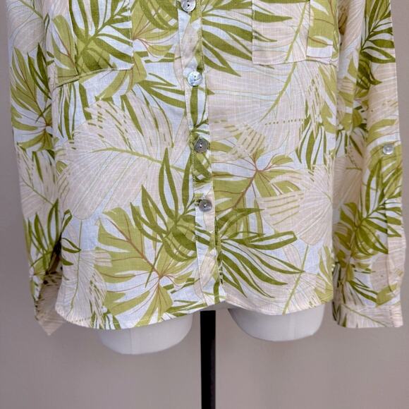C&C California 100% Linen Tropical Botanical Print Buttons Roll Sleeve Blouse L - Picture 8 of 15